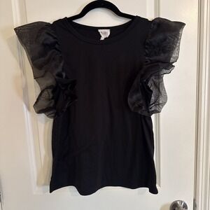 BiBi Black Ruffle Sleeve Top Size Medium Feminine Textured Look